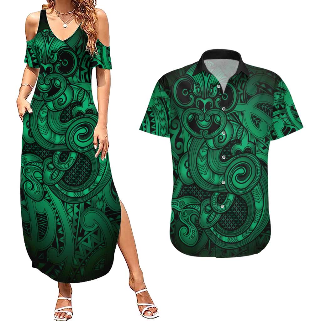 Aotearoa Maori Hei Tiki Couples Matching Summer Maxi Dress and Hawaiian Shirt Kakariki Kowhaiwhai Puhoro Motif
