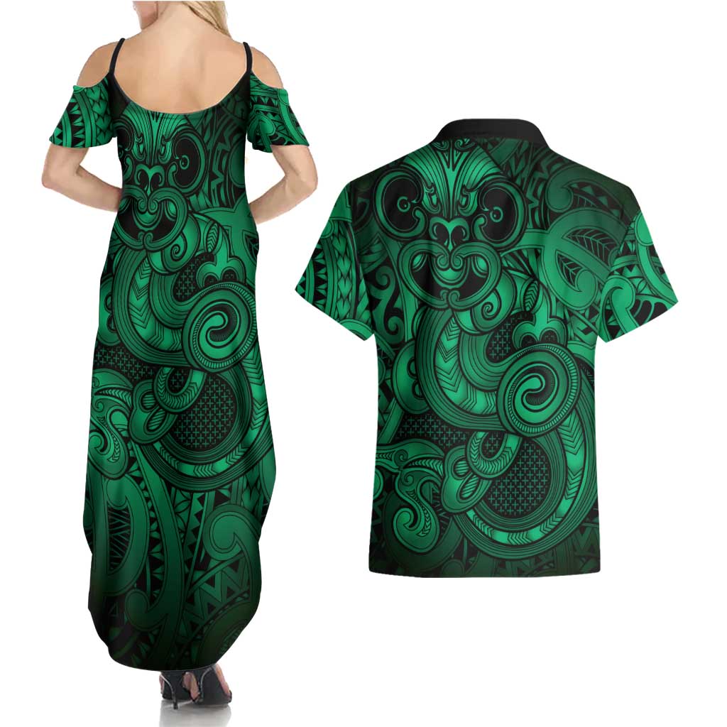 Aotearoa Maori Hei Tiki Couples Matching Summer Maxi Dress and Hawaiian Shirt Kakariki Kowhaiwhai Puhoro Motif LT9 - Polynesian Pride
