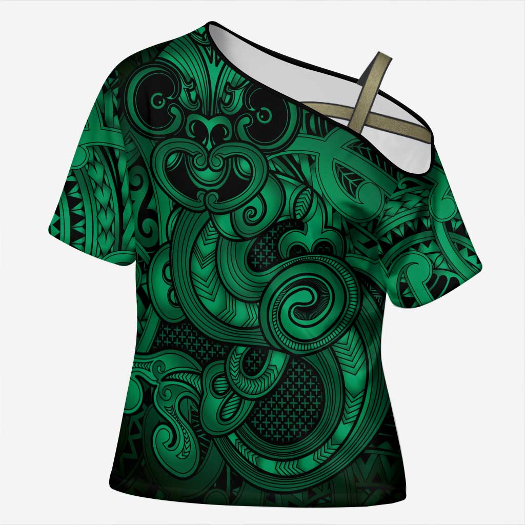 Aotearoa Maori Hei Tiki Cross Shoulder Shirt Kakariki Kowhaiwhai Puhoro Motif LT9 Female Green - Polynesian Pride