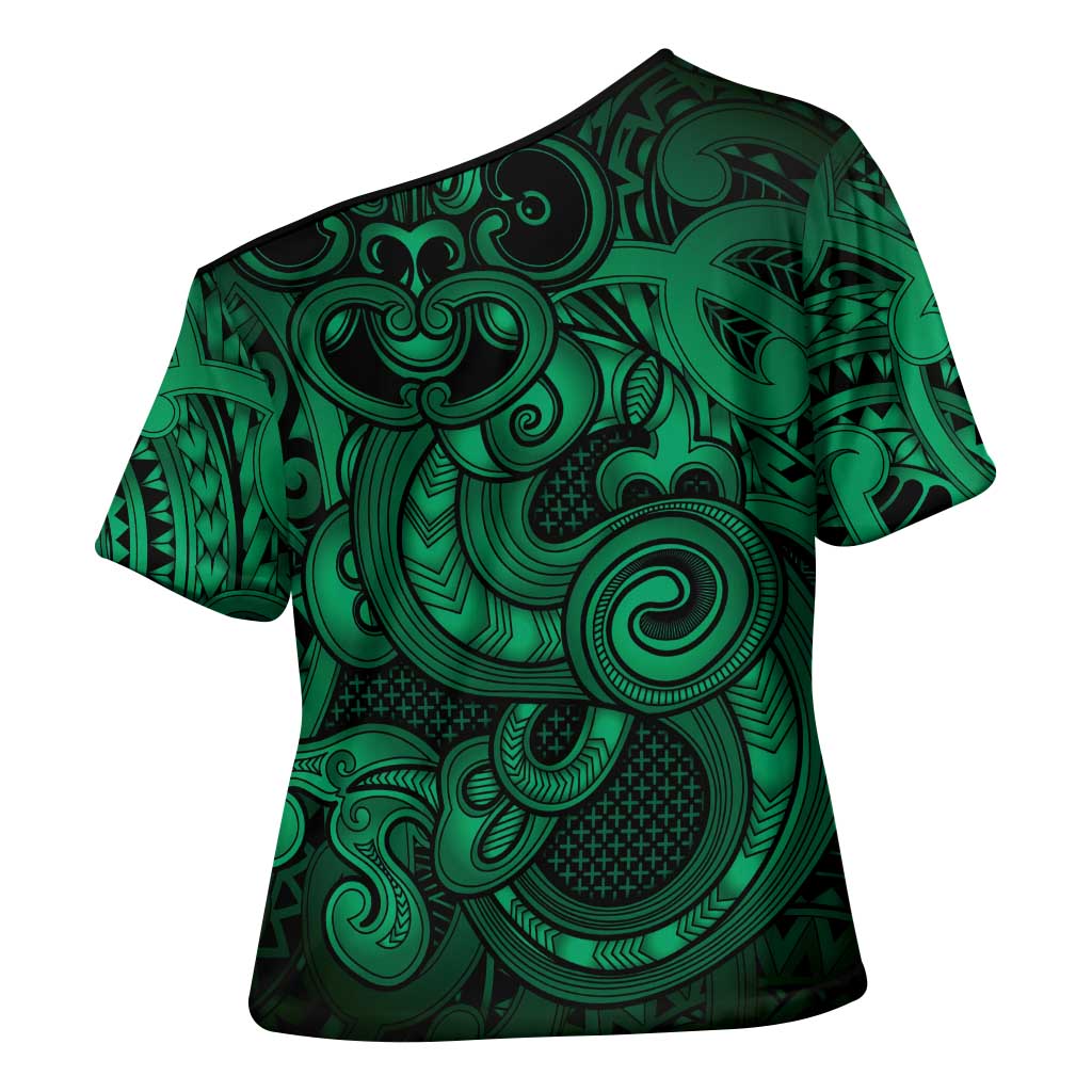 Aotearoa Maori Hei Tiki Cross Shoulder Shirt Kakariki Kowhaiwhai Puhoro Motif LT9 - Polynesian Pride