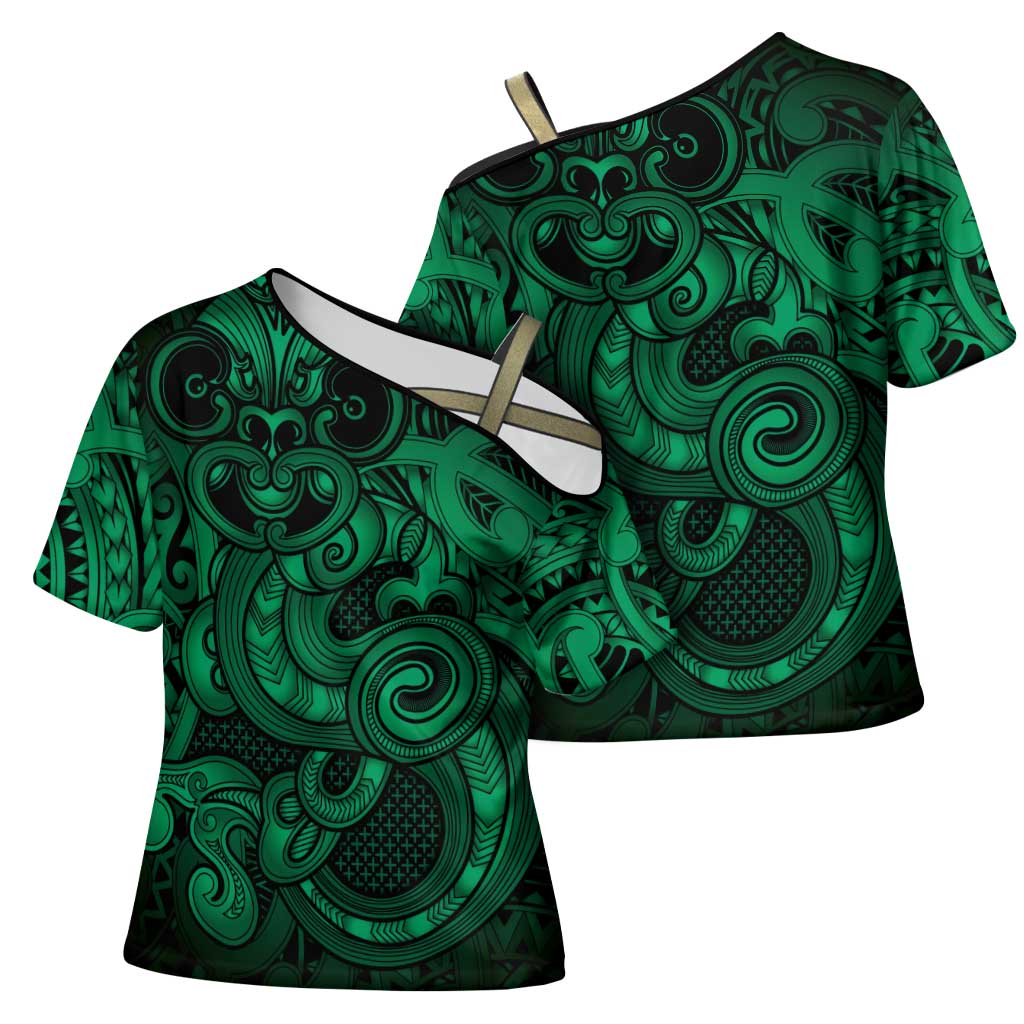 Aotearoa Maori Hei Tiki Cross Shoulder Shirt Kakariki Kowhaiwhai Puhoro Motif LT9 - Polynesian Pride