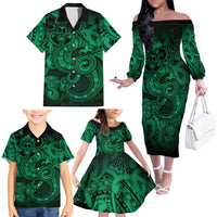 Aotearoa Maori Hei Tiki Family Matching Off The Shoulder Long Sleeve Dress and Hawaiian Shirt Kakariki Kowhaiwhai Puhoro Motif LT9 - Polynesian Pride