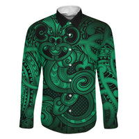 Aotearoa Maori Hei Tiki Family Matching Off The Shoulder Long Sleeve Dress and Hawaiian Shirt Kakariki Kowhaiwhai Puhoro Motif LT9 Dad's Shirt - Long Sleeve Green - Polynesian Pride