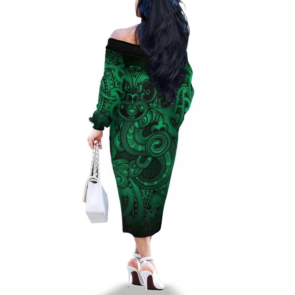 Aotearoa Maori Hei Tiki Family Matching Off The Shoulder Long Sleeve Dress and Hawaiian Shirt Kakariki Kowhaiwhai Puhoro Motif LT9 - Polynesian Pride