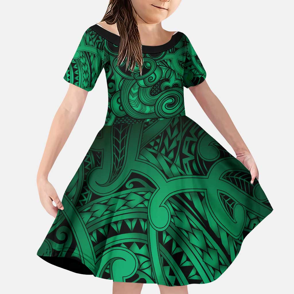 Aotearoa Maori Hei Tiki Family Matching Puletasi and Hawaiian Shirt Kakariki Kowhaiwhai Puhoro Motif LT9 Daughter's Dress Green - Polynesian Pride