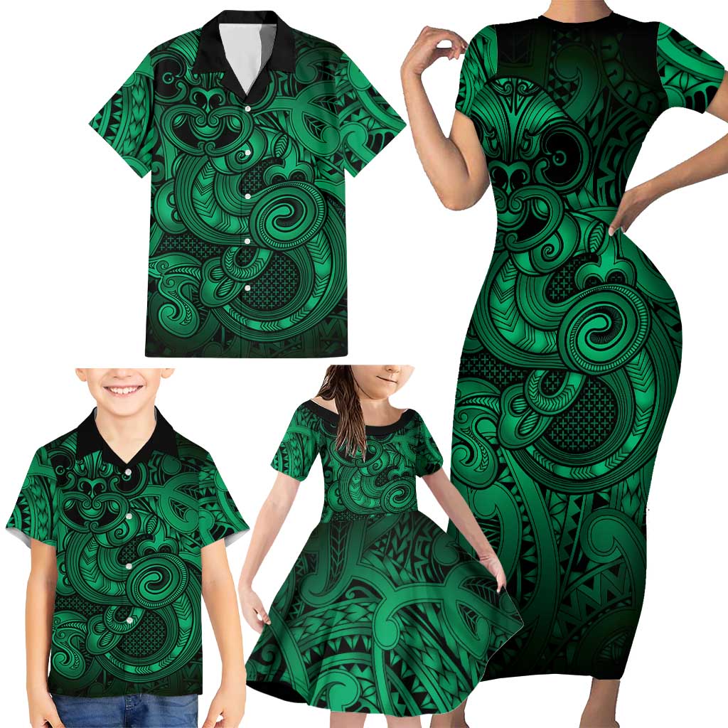Aotearoa Maori Hei Tiki Family Matching Short Sleeve Bodycon Dress and Hawaiian Shirt Kakariki Kowhaiwhai Puhoro Motif LT9 - Polynesian Pride