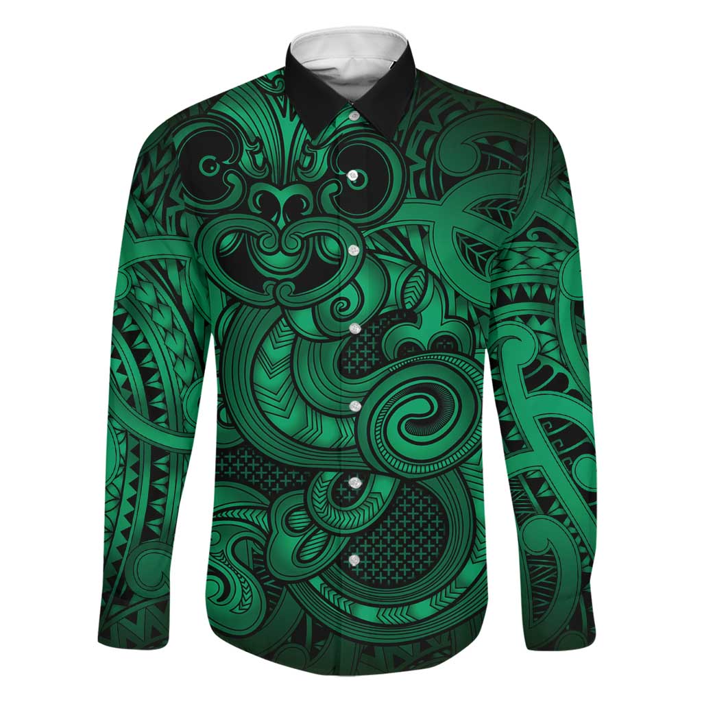 Aotearoa Maori Hei Tiki Family Matching Tank Maxi Dress and Hawaiian Shirt Kakariki Kowhaiwhai Puhoro Motif LT9 Dad's Shirt - Long Sleeve Green - Polynesian Pride