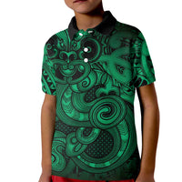 Aotearoa Maori Hei Tiki Kid Polo Shirt Kakariki Kowhaiwhai Puhoro Motif LT9 Kid Green - Polynesian Pride