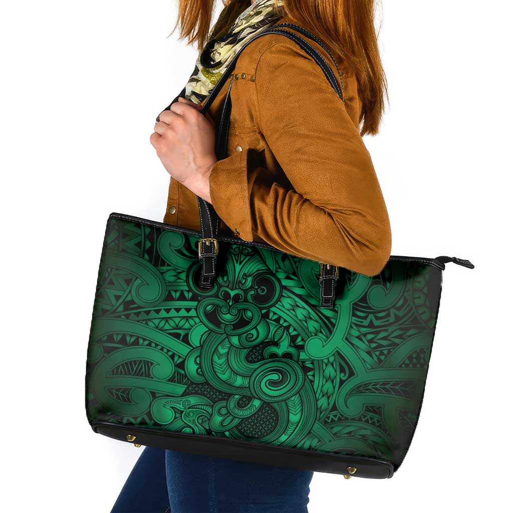 Aotearoa Maori Hei Tiki Leather Tote Bag Kakariki Kowhaiwhai Puhoro Motif