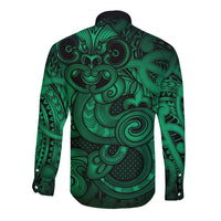 Aotearoa Maori Hei Tiki Long Sleeve Button Shirt Kakariki Kowhaiwhai Puhoro Motif