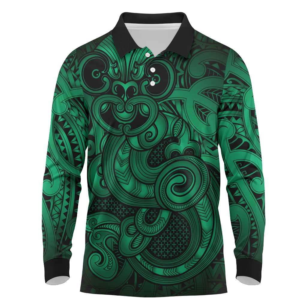Aotearoa Maori Hei Tiki Long Sleeve Polo Shirt Kakariki Kowhaiwhai Puhoro Motif