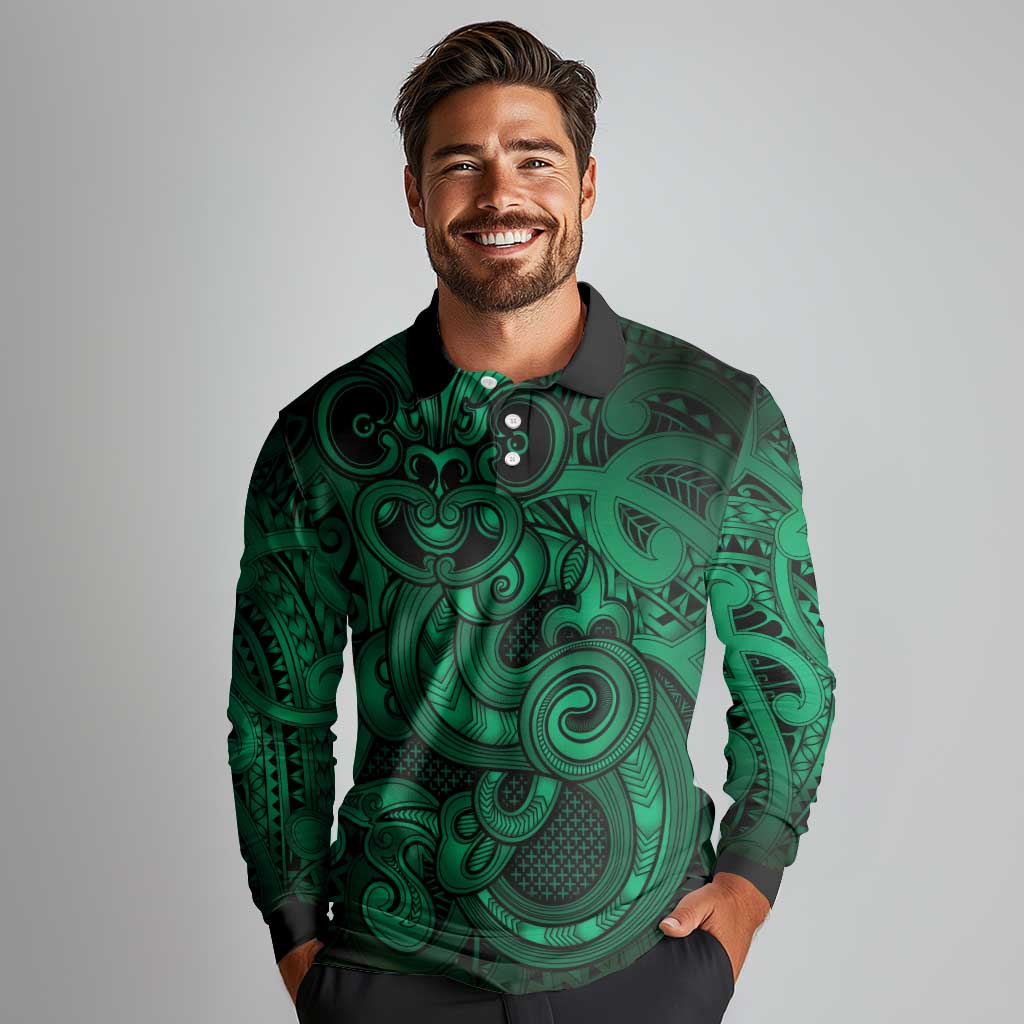 Aotearoa Maori Hei Tiki Long Sleeve Polo Shirt Kakariki Kowhaiwhai Puhoro Motif
