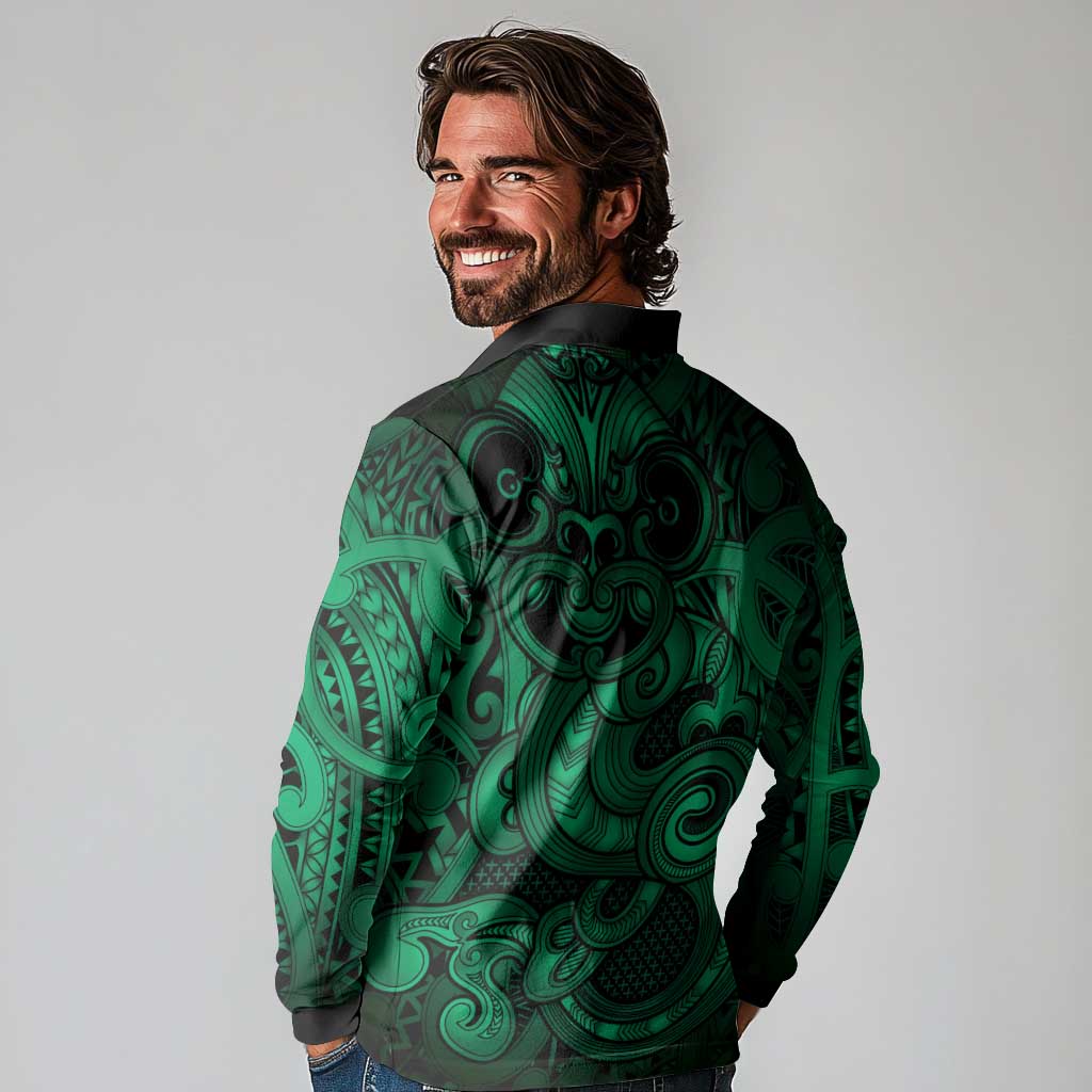 Aotearoa Maori Hei Tiki Long Sleeve Polo Shirt Kakariki Kowhaiwhai Puhoro Motif
