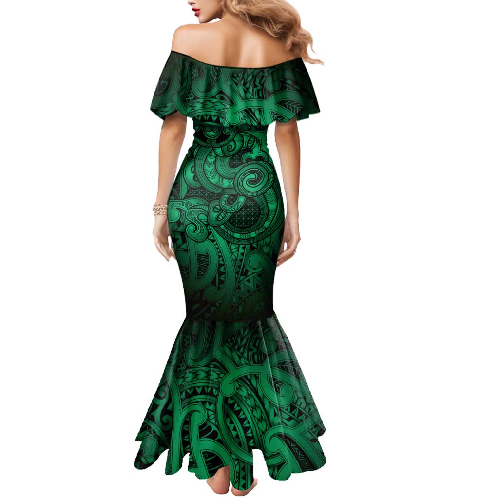 Aotearoa Maori Hei Tiki Mermaid Dress Kakariki Kowhaiwhai Puhoro Motif