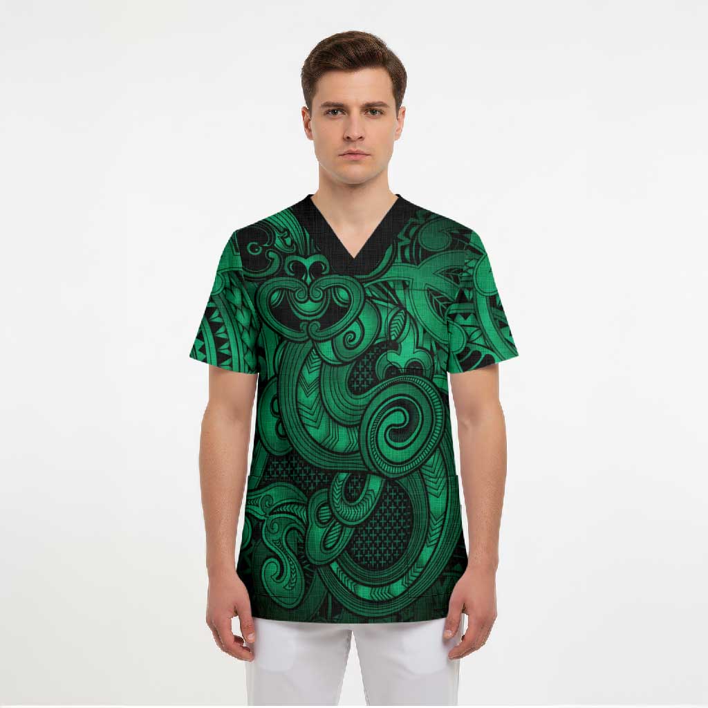 Aotearoa Maori Hei Tiki Scrub Top Kakariki Kowhaiwhai Puhoro Motif