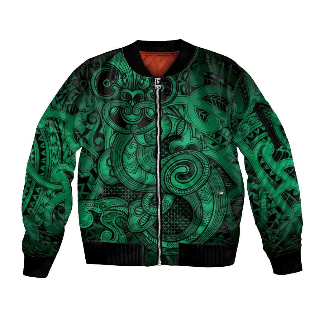 Aotearoa Maori Hei Tiki Sleeve Zip Bomber Jacket Kakariki Kowhaiwhai Puhoro Motif LT9 Unisex Green - Polynesian Pride