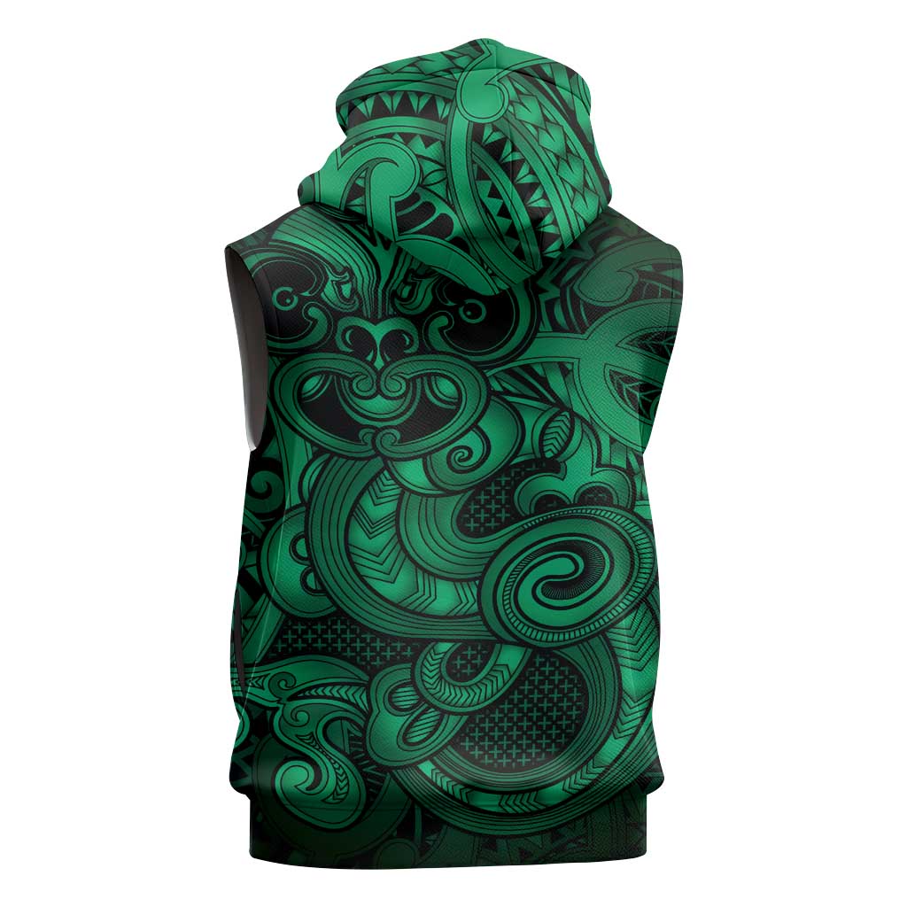 Aotearoa Maori Hei Tiki Sleeveless Hoodie Kakariki Kowhaiwhai Puhoro Motif