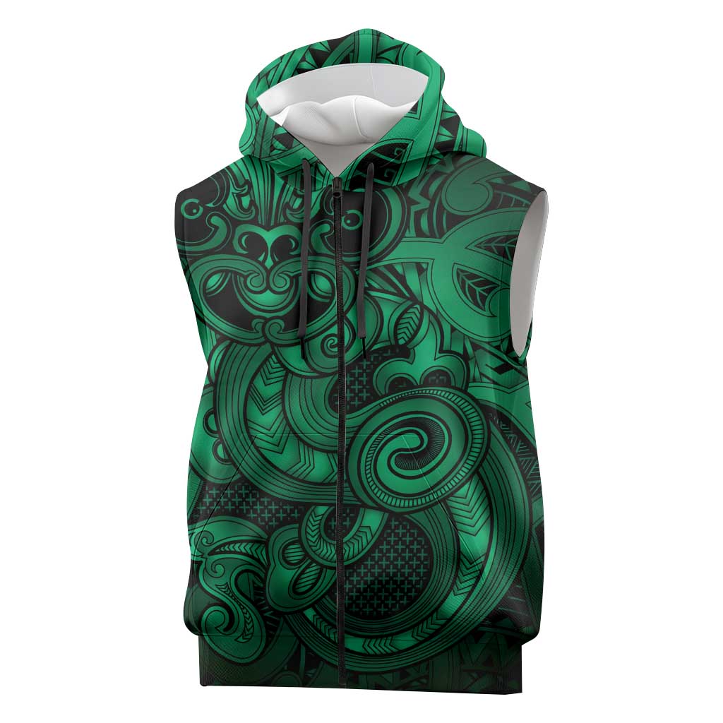 Aotearoa Maori Hei Tiki Sleeveless Zip Hoodie Kakariki Kowhaiwhai Puhoro Motif