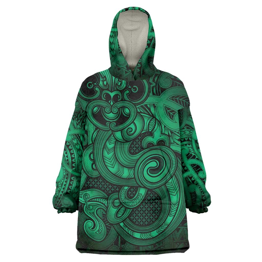 Aotearoa Maori Hei Tiki Wearable Blanket Hoodie Kakariki Kowhaiwhai Puhoro Motif