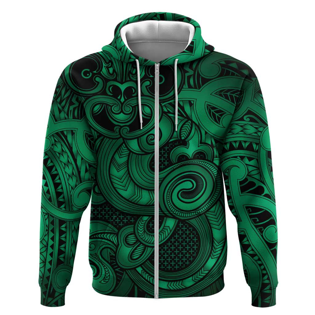 Aotearoa Maori Hei Tiki Zip Hoodie Kakariki Kowhaiwhai Puhoro Motif