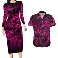 Aotearoa Maori Hei Tiki Couples Matching Long Sleeve Bodycon Dress and Hawaiian Shirt Mawhero Kowhaiwhai Puhoro Motif LT9 Pink - Polynesian Pride