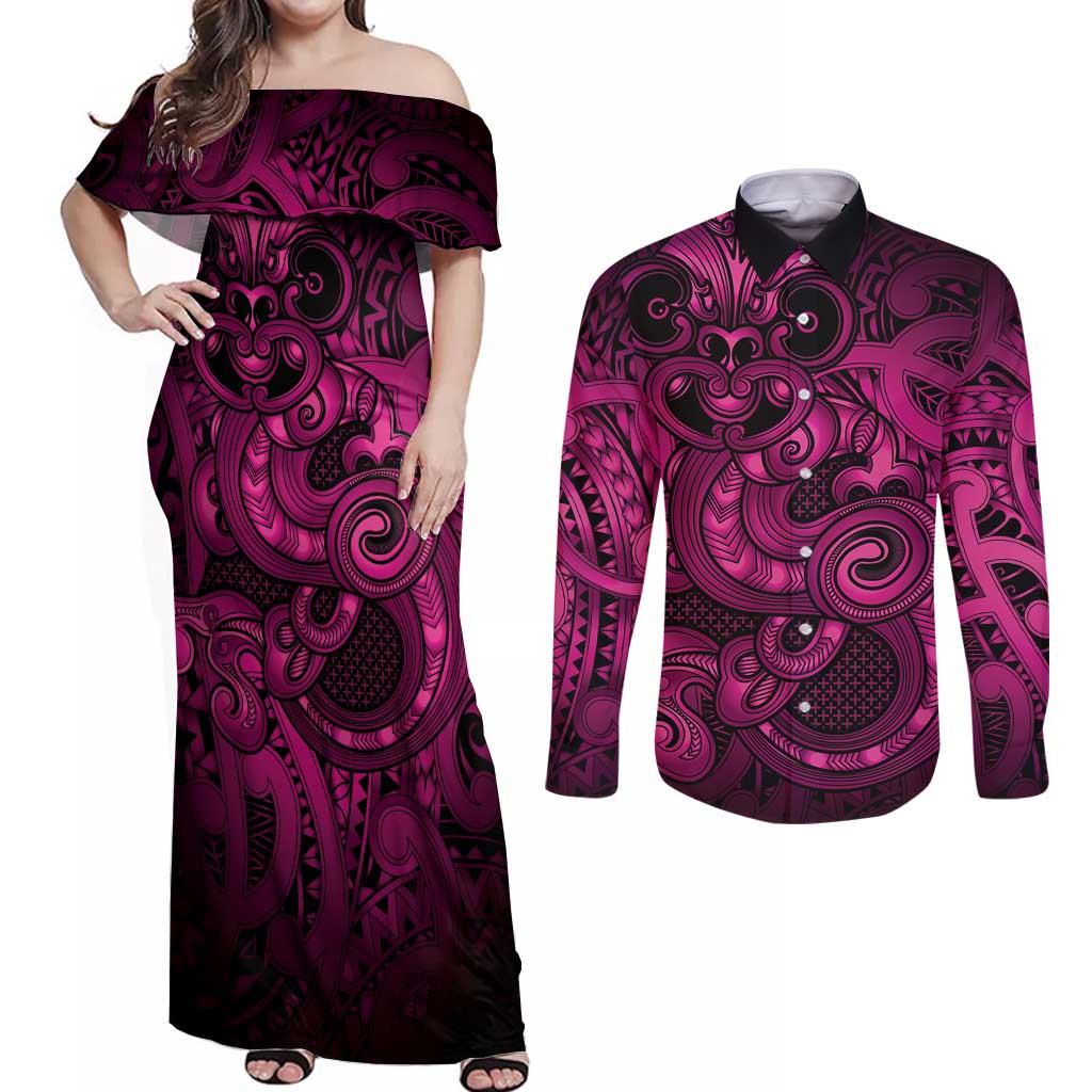 Aotearoa Maori Hei Tiki Couples Matching Off Shoulder Maxi Dress and Long Sleeve Button Shirt Mawhero Kowhaiwhai Puhoro Motif