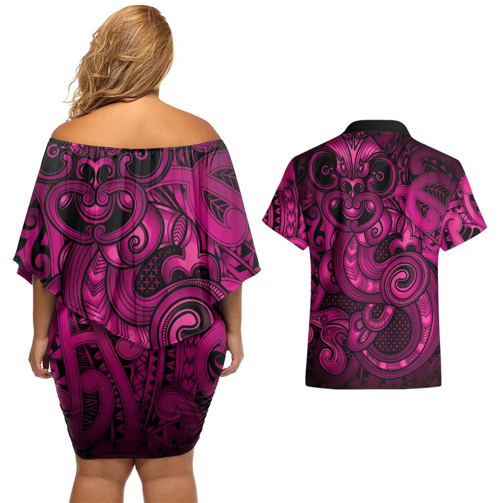 Aotearoa Maori Hei Tiki Couples Matching Off Shoulder Short Dress and Hawaiian Shirt Mawhero Kowhaiwhai Puhoro Motif LT9 - Polynesian Pride