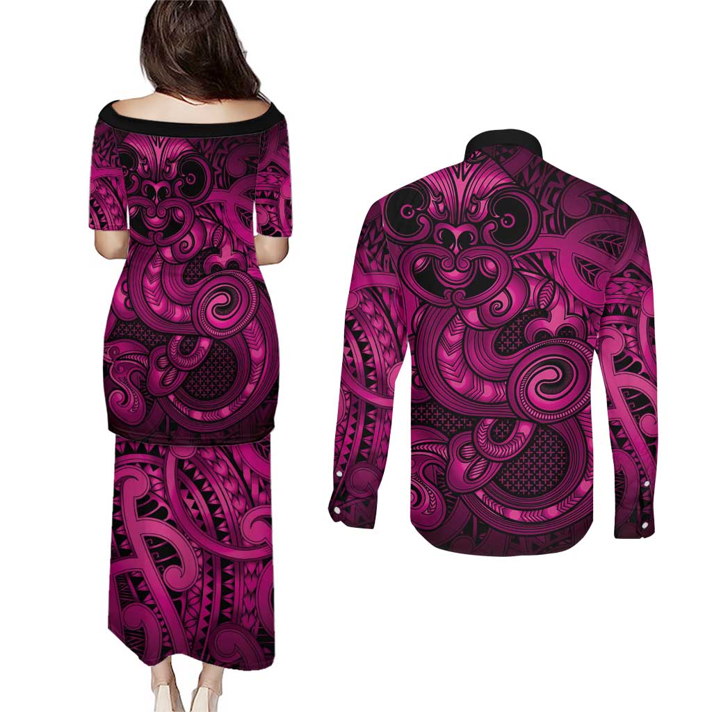Aotearoa Maori Hei Tiki Couples Matching Puletasi and Long Sleeve Button Shirt Mawhero Kowhaiwhai Puhoro Motif