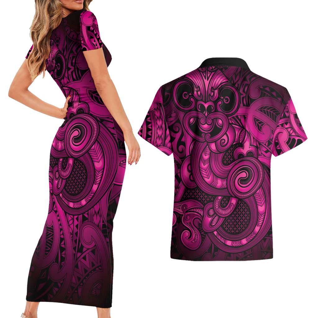 Aotearoa Maori Hei Tiki Couples Matching Short Sleeve Bodycon Dress and Hawaiian Shirt Mawhero Kowhaiwhai Puhoro Motif LT9 - Polynesian Pride