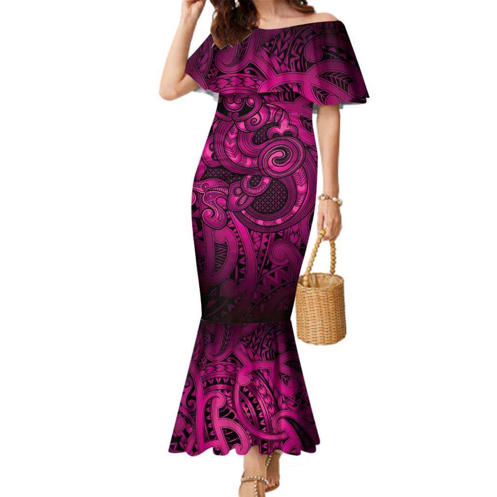 Aotearoa Maori Hei Tiki Family Matching Mermaid Dress and Hawaiian Shirt Mawhero Kowhaiwhai Puhoro Motif LT9 Mom's Dress Pink - Polynesian Pride