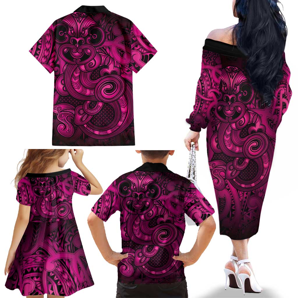 Aotearoa Maori Hei Tiki Family Matching Off The Shoulder Long Sleeve Dress and Hawaiian Shirt Mawhero Kowhaiwhai Puhoro Motif LT9 - Polynesian Pride