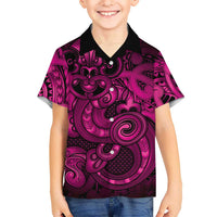 Aotearoa Maori Hei Tiki Family Matching Off The Shoulder Long Sleeve Dress and Hawaiian Shirt Mawhero Kowhaiwhai Puhoro Motif LT9 Son's Shirt Pink - Polynesian Pride
