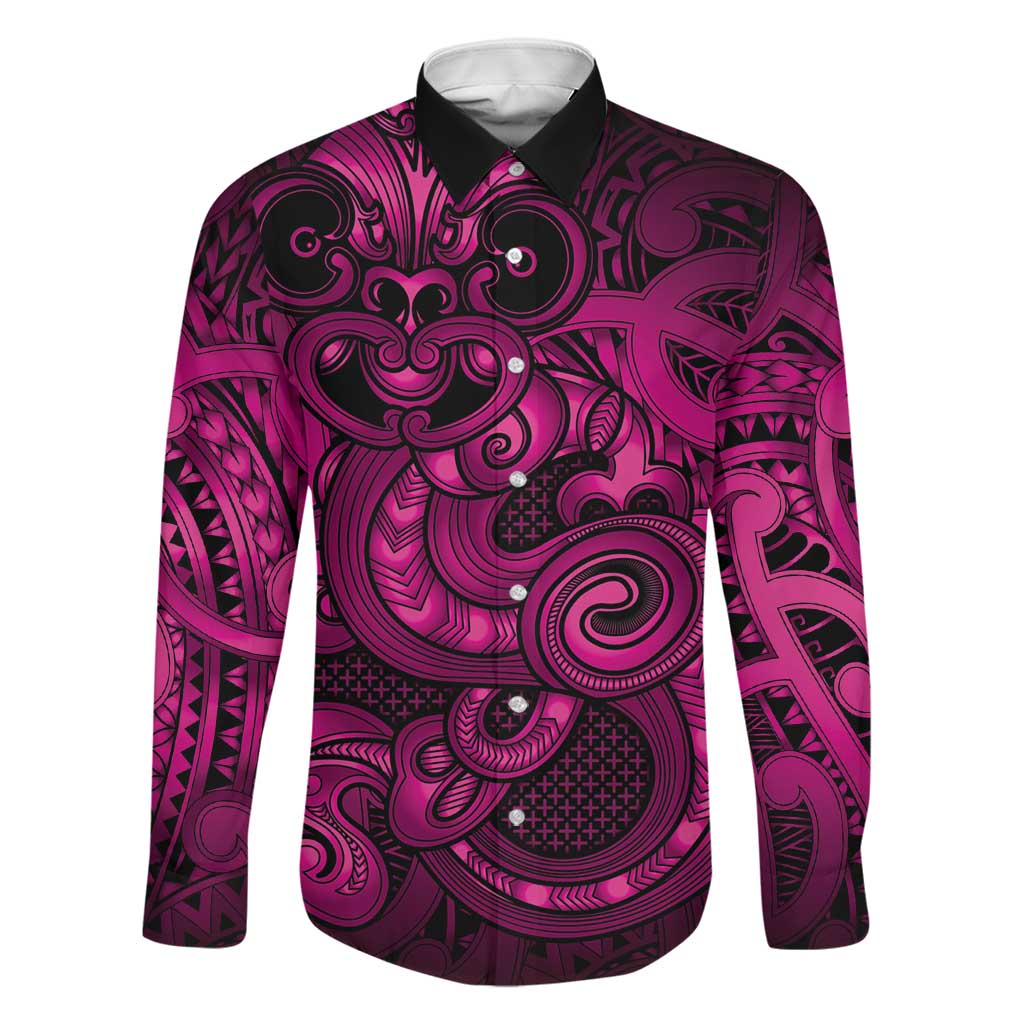 Aotearoa Maori Hei Tiki Family Matching Off Shoulder Short Dress and Hawaiian Shirt Mawhero Kowhaiwhai Puhoro Motif LT9 Dad's Shirt - Long Sleeve Pink - Polynesian Pride