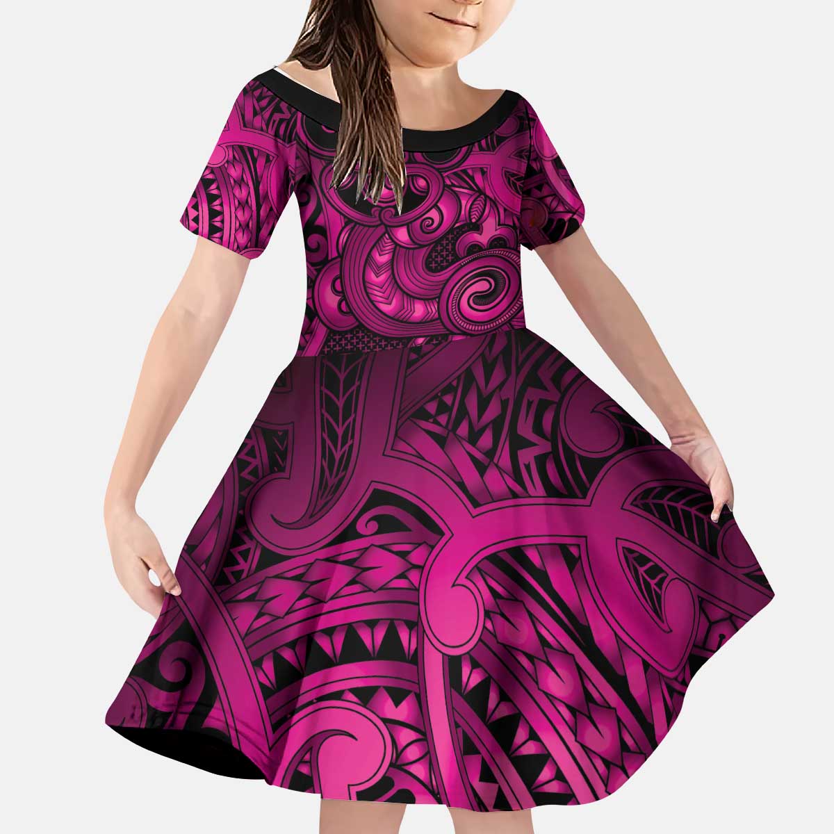 Aotearoa Maori Hei Tiki Kid Short Sleeve Dress Mawhero Kowhaiwhai Puhoro Motif
