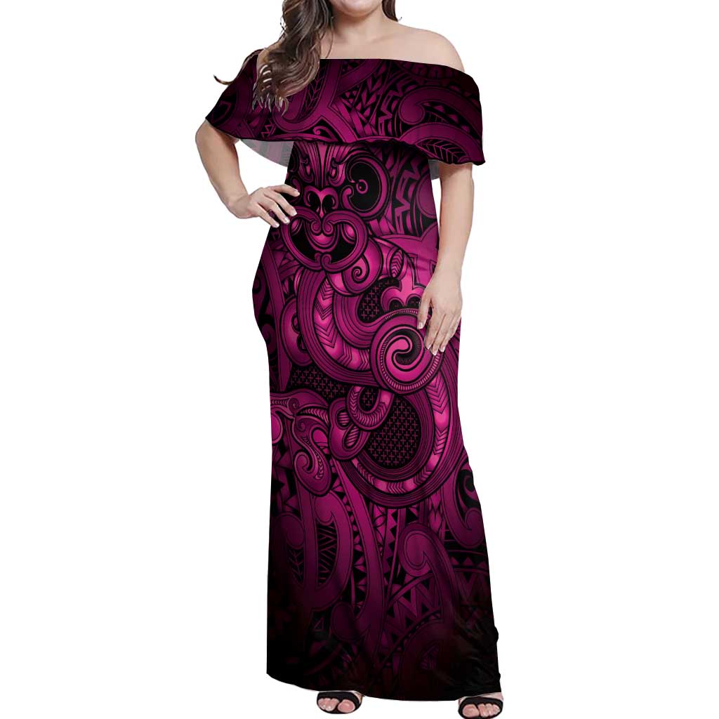Aotearoa Maori Hei Tiki Off Shoulder Maxi Dress Mawhero Kowhaiwhai Puhoro Motif LT9 Women Pink - Polynesian Pride