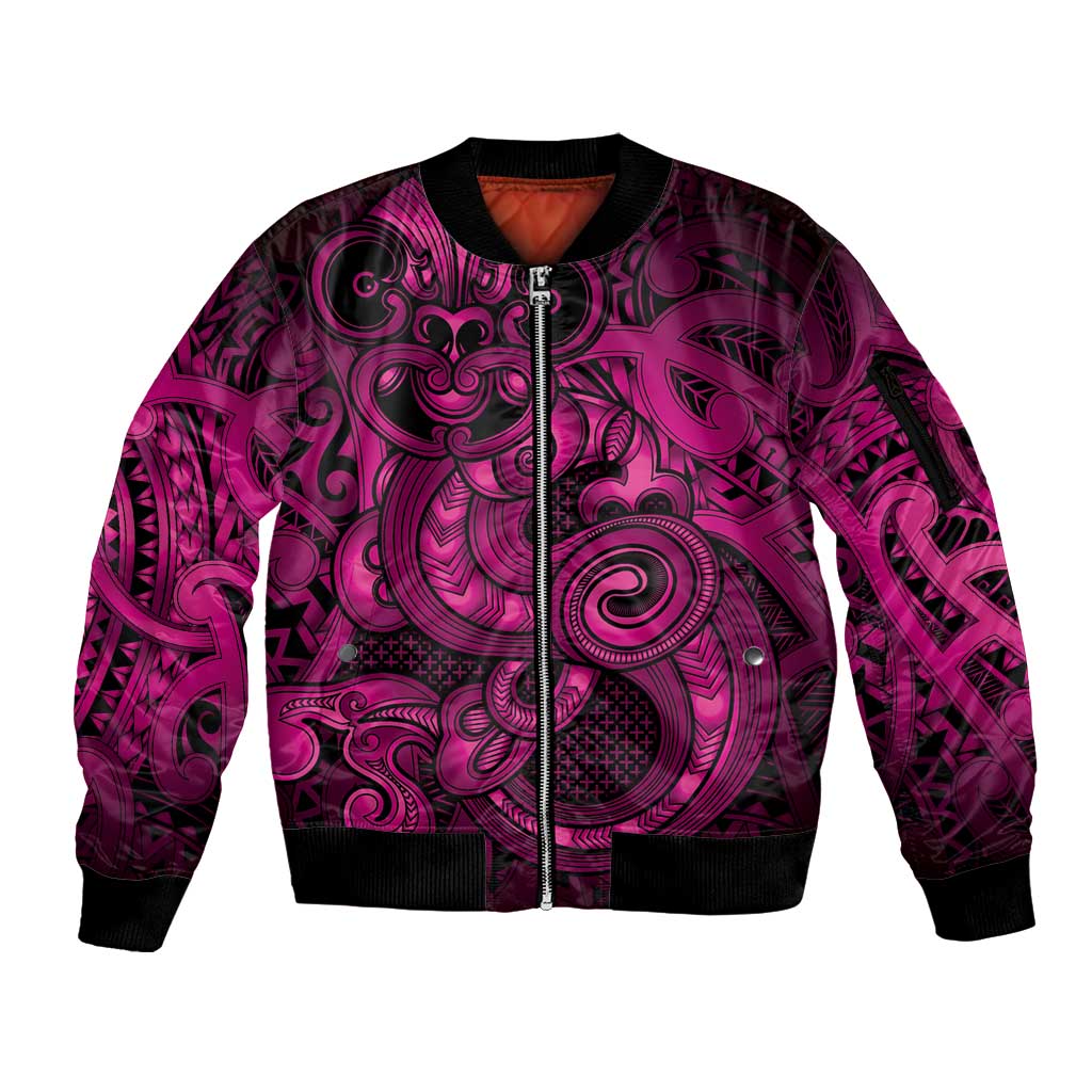 Aotearoa Maori Hei Tiki Sleeve Zip Bomber Jacket Mawhero Kowhaiwhai Puhoro Motif LT9 Unisex Pink - Polynesian Pride