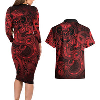 Aotearoa Maori Hei Tiki Couples Matching Long Sleeve Bodycon Dress and Hawaiian Shirt Whero Kowhaiwhai Puhoro Motif LT9 - Polynesian Pride