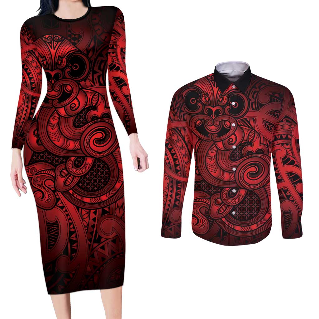 Aotearoa Maori Hei Tiki Couples Matching Long Sleeve Bodycon Dress and Long Sleeve Button Shirt Whero Kowhaiwhai Puhoro Motif LT9 Red - Polynesian Pride
