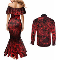 Aotearoa Maori Hei Tiki Couples Matching Mermaid Dress and Long Sleeve Button Shirt Whero Kowhaiwhai Puhoro Motif LT9 - Polynesian Pride