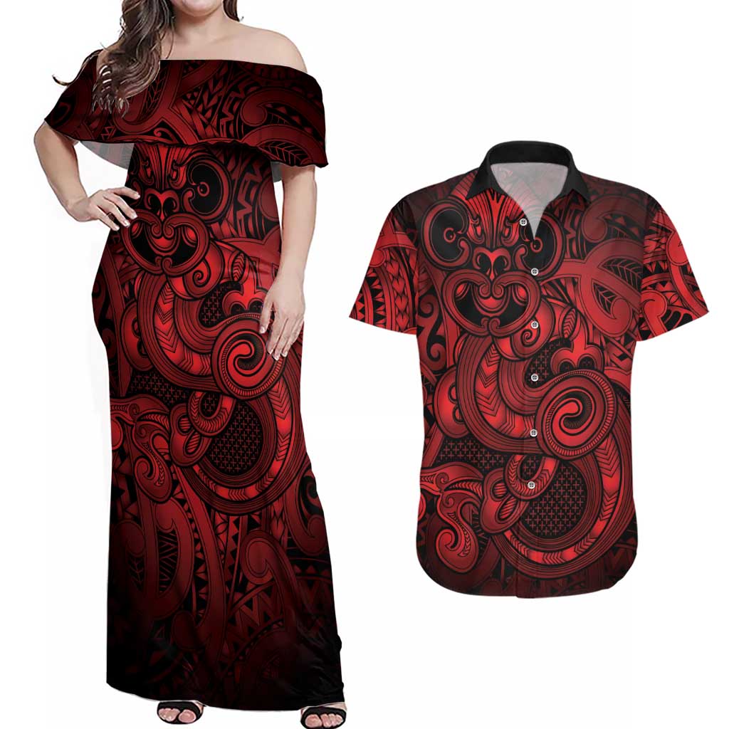Aotearoa Maori Hei Tiki Couples Matching Off Shoulder Maxi Dress and Hawaiian Shirt Whero Kowhaiwhai Puhoro Motif LT9 Red - Polynesian Pride