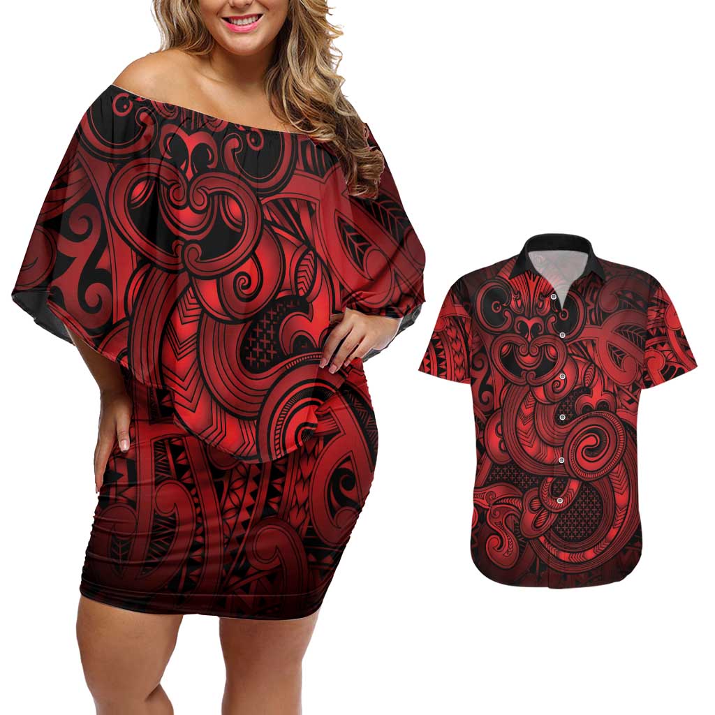 Aotearoa Maori Hei Tiki Couples Matching Off Shoulder Short Dress and Hawaiian Shirt Whero Kowhaiwhai Puhoro Motif LT9 Red - Polynesian Pride