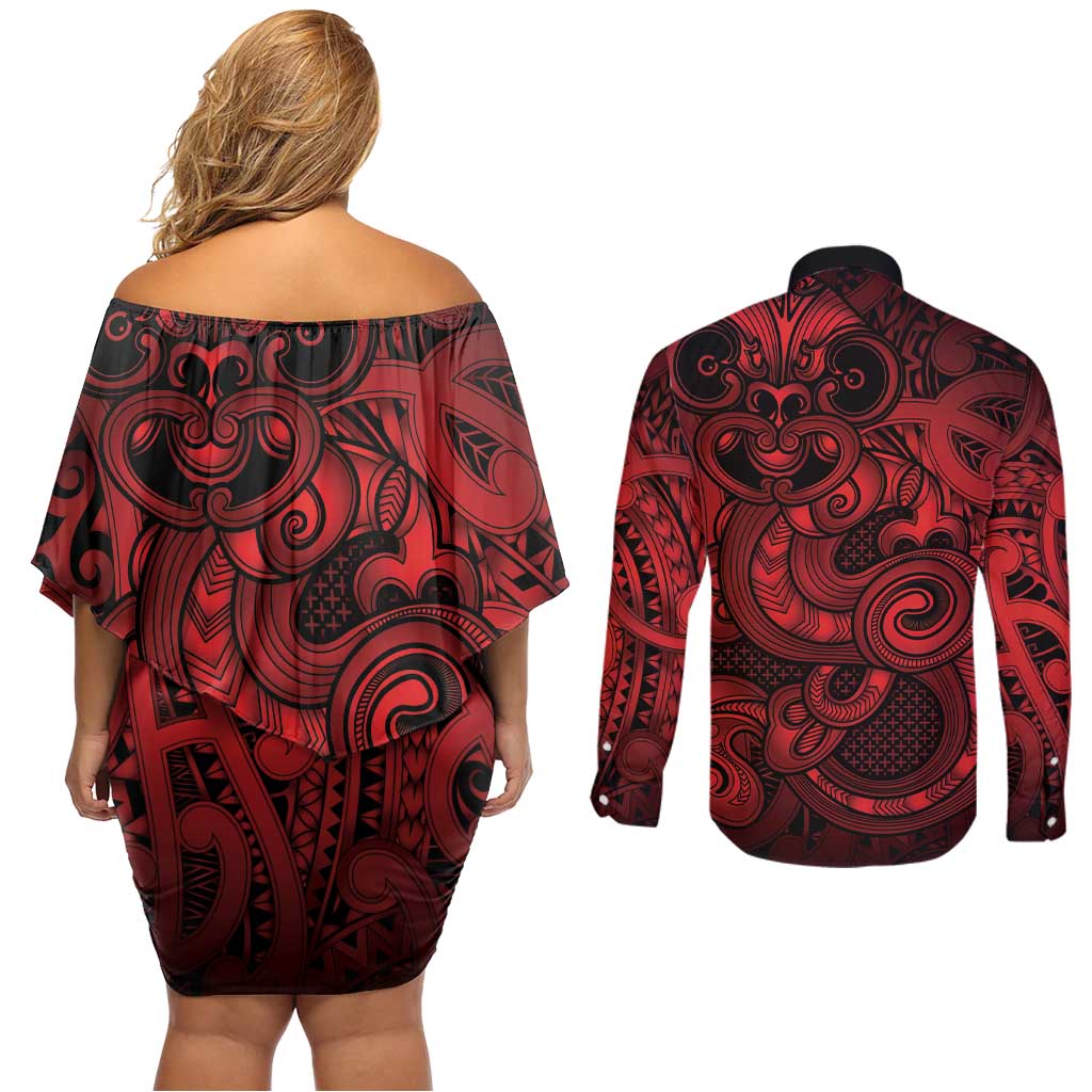 Aotearoa Maori Hei Tiki Couples Matching Off Shoulder Short Dress and Long Sleeve Button Shirt Whero Kowhaiwhai Puhoro Motif