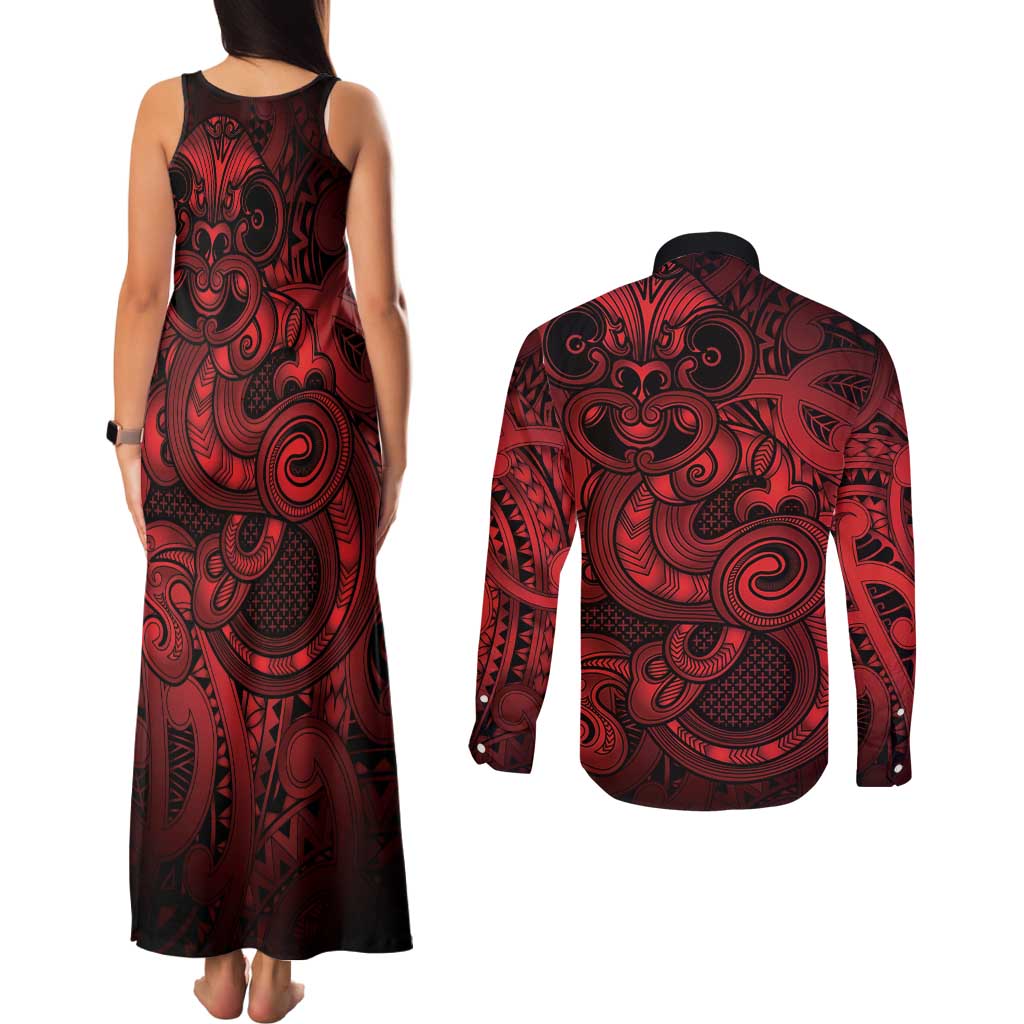 Aotearoa Maori Hei Tiki Couples Matching Tank Maxi Dress and Long Sleeve Button Shirt Whero Kowhaiwhai Puhoro Motif LT9 - Polynesian Pride