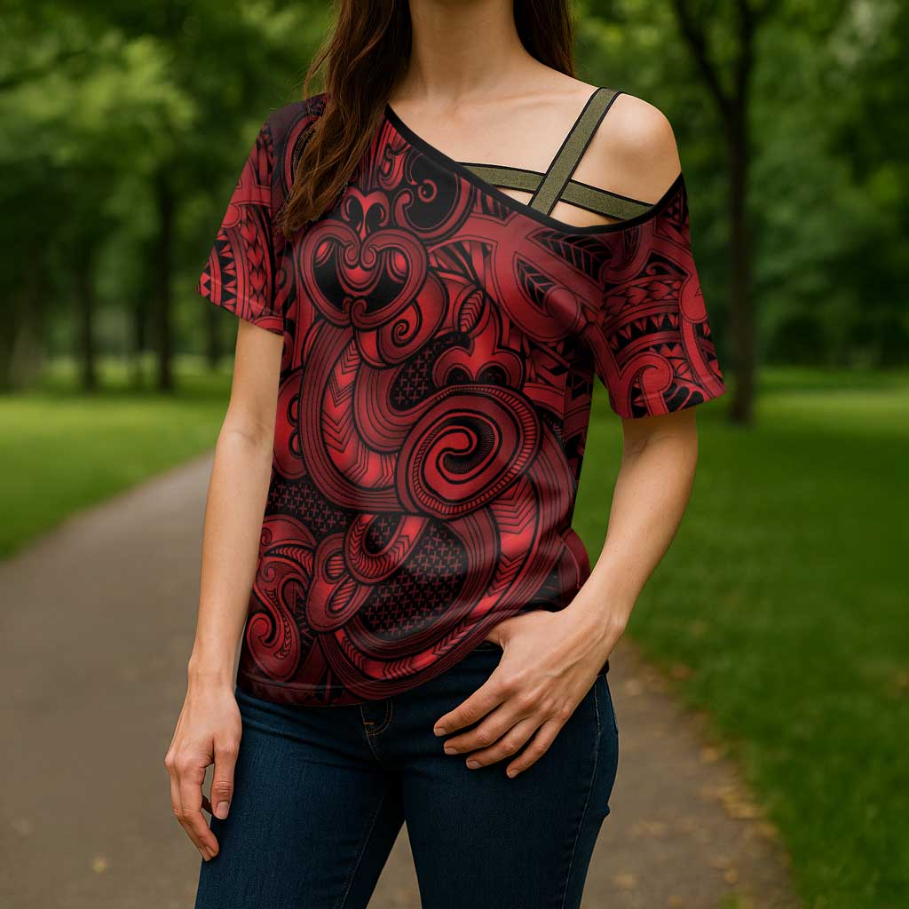 Aotearoa Maori Hei Tiki Cross Shoulder Shirt Whero Kowhaiwhai Puhoro Motif LT9 - Polynesian Pride