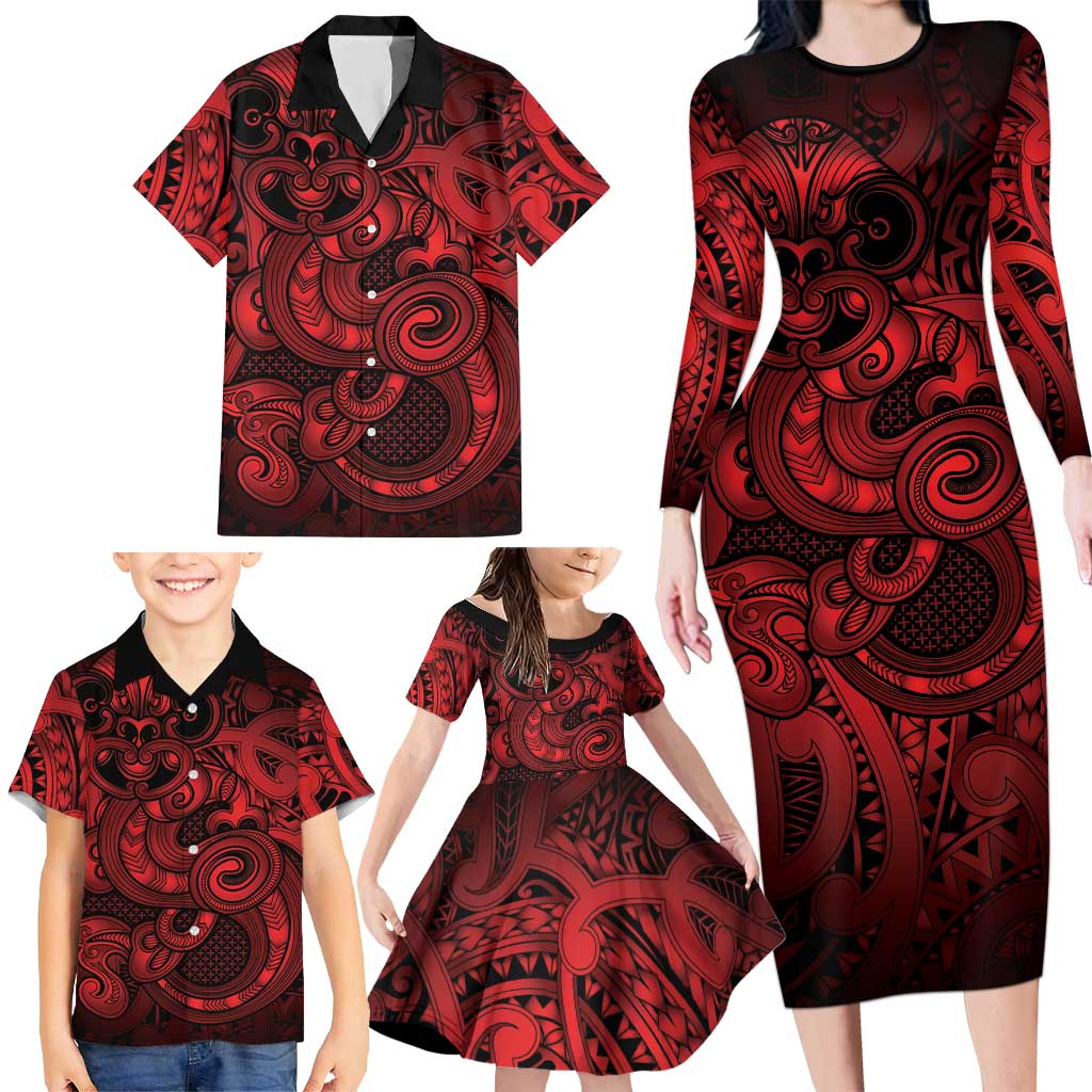 Aotearoa Maori Hei Tiki Family Matching Long Sleeve Bodycon Dress and Hawaiian Shirt Whero Kowhaiwhai Puhoro Motif LT9 - Polynesian Pride