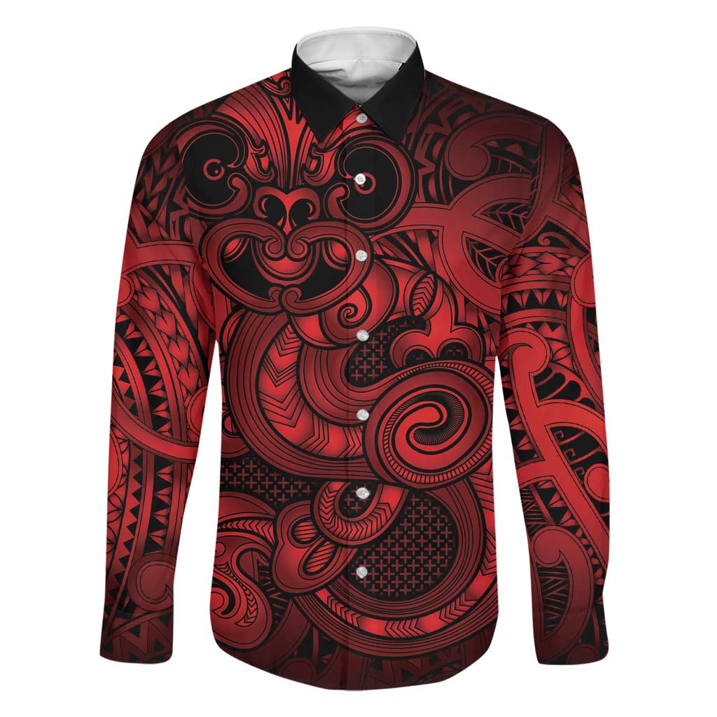 Aotearoa Maori Hei Tiki Family Matching Long Sleeve Bodycon Dress and Hawaiian Shirt Whero Kowhaiwhai Puhoro Motif LT9 Dad's Shirt - Long Sleeve Red - Polynesian Pride
