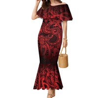 Aotearoa Maori Hei Tiki Family Matching Mermaid Dress and Hawaiian Shirt Whero Kowhaiwhai Puhoro Motif LT9 Mom's Dress Red - Polynesian Pride