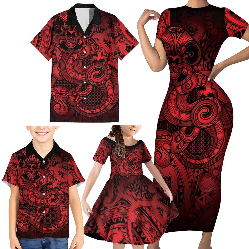 Aotearoa Maori Hei Tiki Family Matching Short Sleeve Bodycon Dress and Hawaiian Shirt Whero Kowhaiwhai Puhoro Motif LT9 - Polynesian Pride