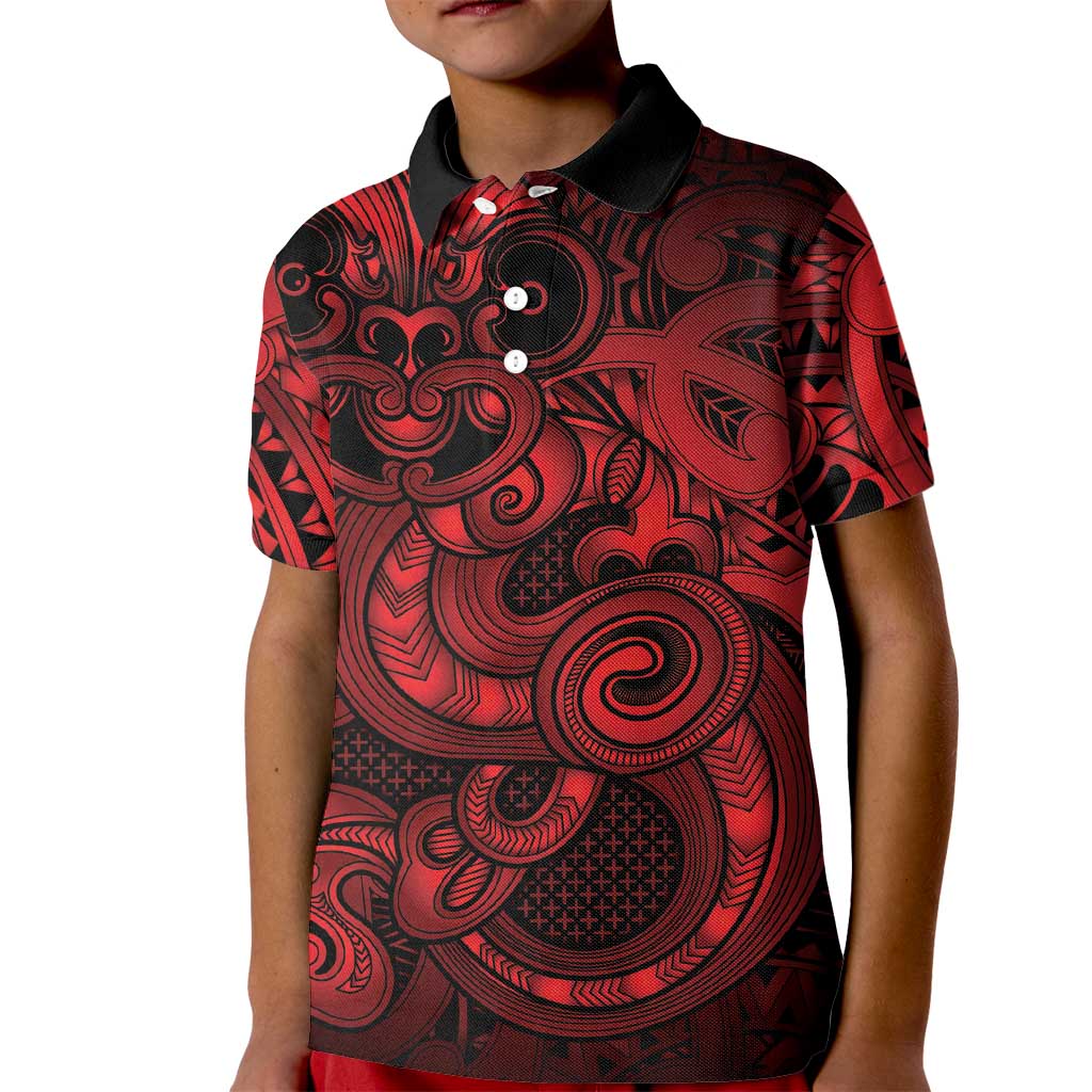 Aotearoa Maori Hei Tiki Kid Polo Shirt Whero Kowhaiwhai Puhoro Motif LT9 Kid Red - Polynesian Pride