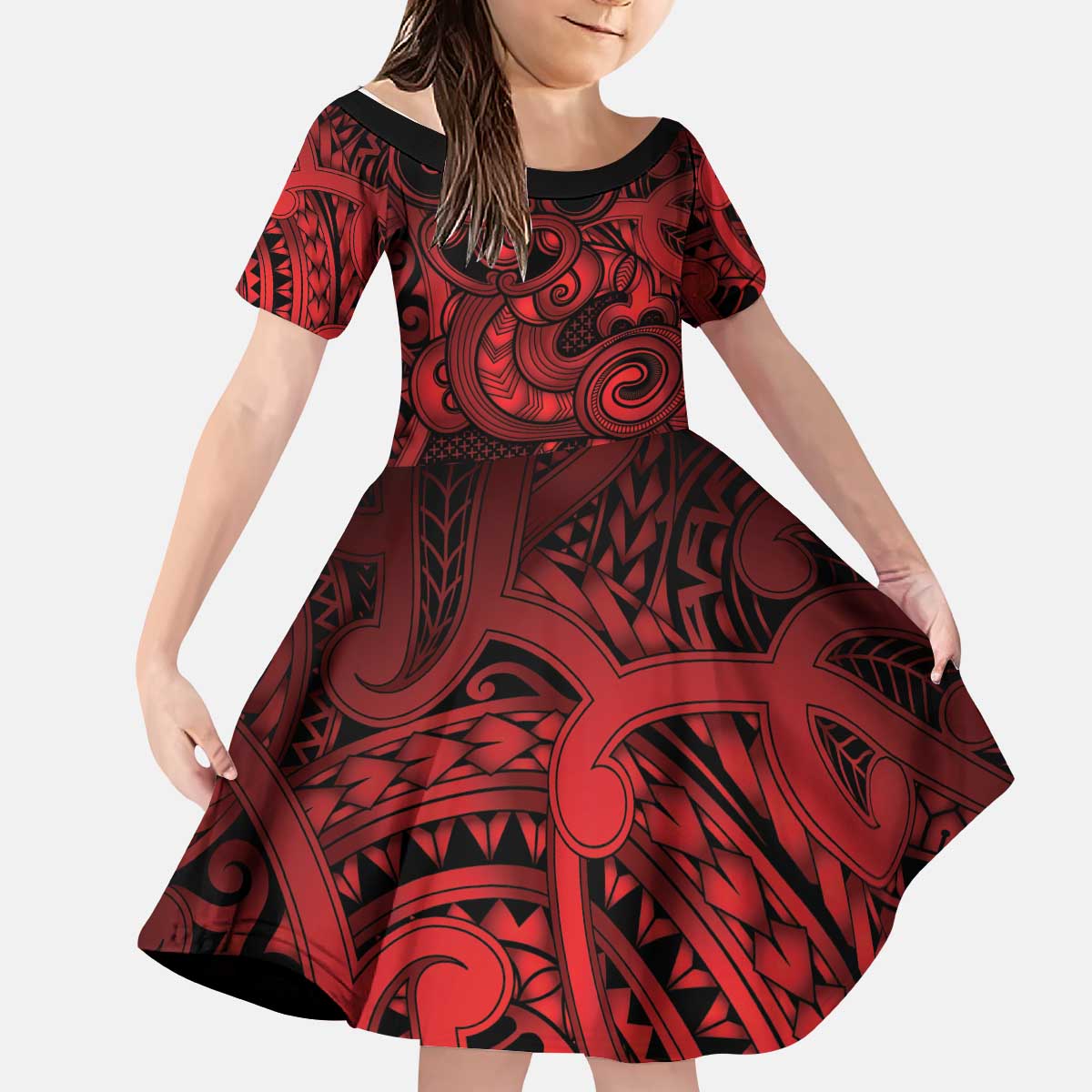 Aotearoa Maori Hei Tiki Kid Short Sleeve Dress Whero Kowhaiwhai Puhoro Motif